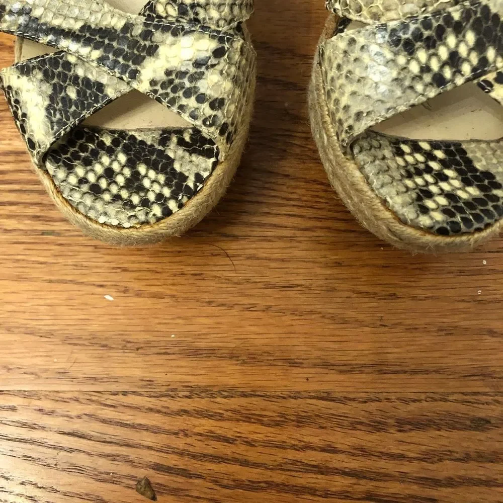 Jimmy Choo Beige and Black Snakeskin Espadrille Wedge Sandals